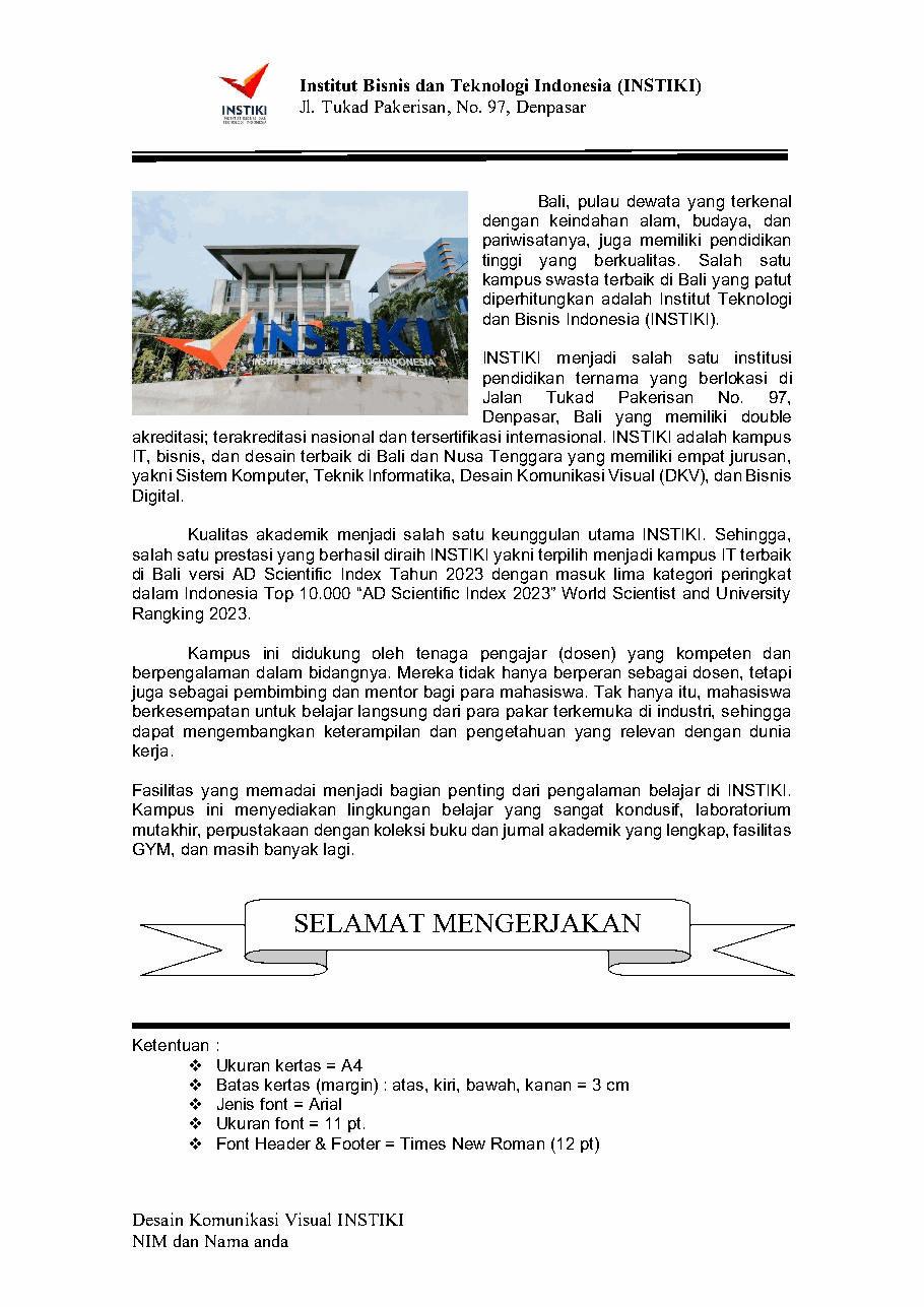 Contoh tugas satu halaman: kop, artikel dengan foto, pita, ketentuan, dan footer